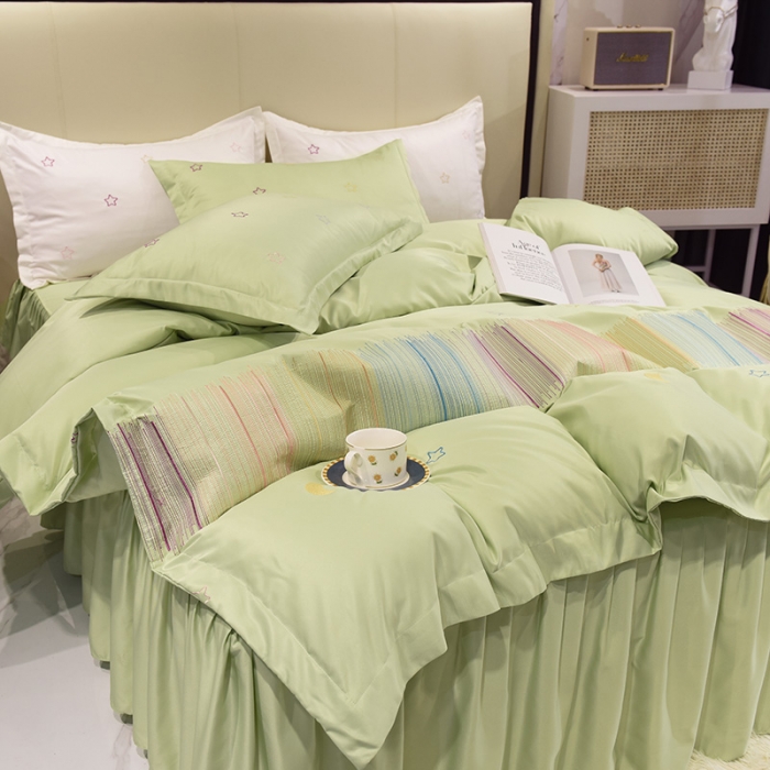 91家纺网 家纺一手货源 找家纺 艾米 2025新款春夏水洗真丝四件套-星月 薄荷绿