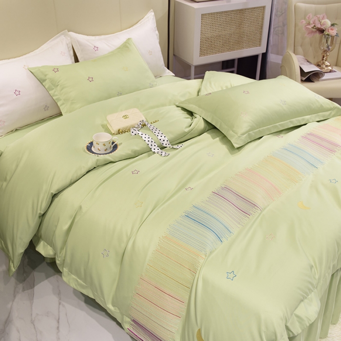 91家纺网 家纺一手货源 找家纺 艾米 2025新款春夏水洗真丝四件套-星月 薄荷绿