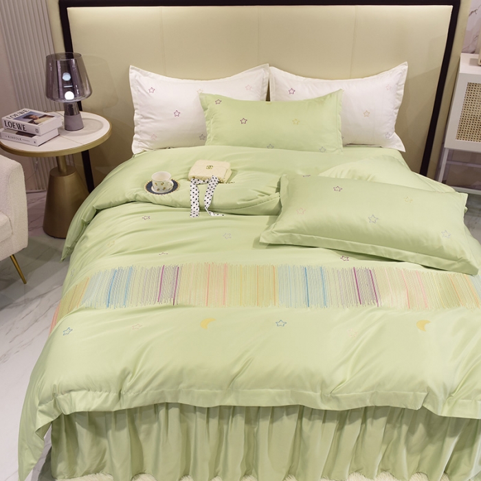 91家纺网 家纺一手货源 找家纺 艾米 2025新款春夏水洗真丝四件套-星月 薄荷绿