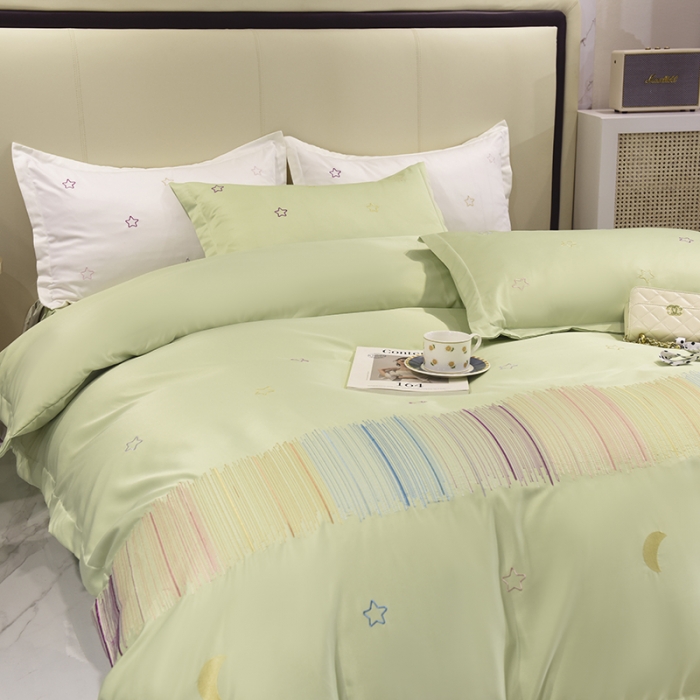 91家纺网 家纺一手货源 找家纺 艾米 2025新款春夏水洗真丝四件套-星月 薄荷绿