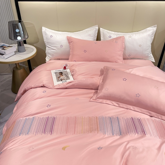 91家纺网 家纺一手货源 找家纺 艾米 2025新款春夏水洗真丝四件套-星月 豆沙