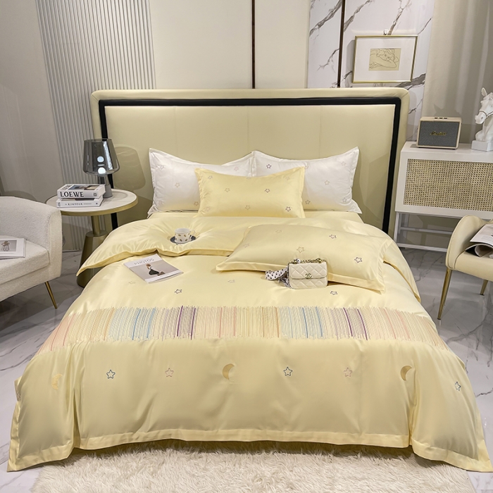 91家纺网 家纺一手货源 找家纺 艾米 2025新款春夏水洗真丝四件套-星月 鹅黄