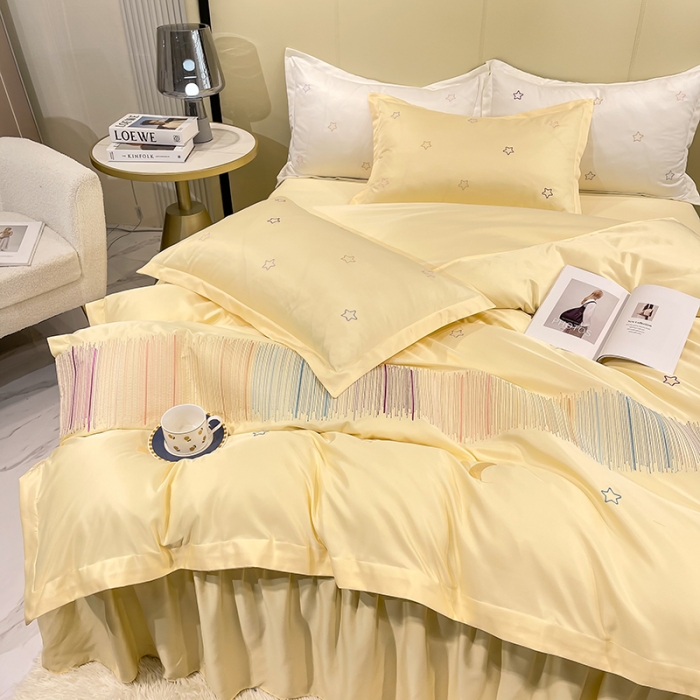 91家纺网 家纺一手货源 找家纺 艾米 2025新款春夏水洗真丝四件套-星月 鹅黄