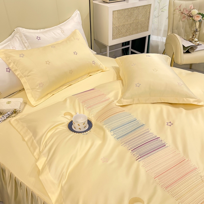 91家纺网 家纺一手货源 找家纺 艾米 2025新款春夏水洗真丝四件套-星月 鹅黄