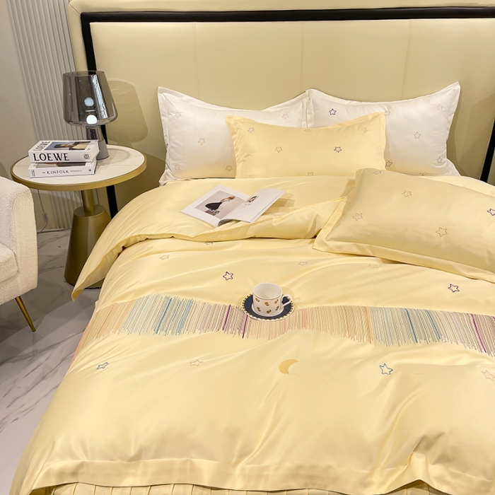 91家纺网 家纺一手货源 找家纺 艾米 2025新款春夏水洗真丝四件套-星月 鹅黄