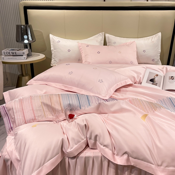 91家纺网 家纺一手货源 找家纺 艾米 2025新款春夏水洗真丝四件套-星月 粉玉