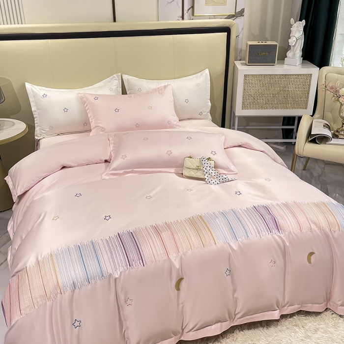 91家纺网 家纺一手货源 找家纺 艾米 2025新款春夏水洗真丝四件套-星月 粉玉