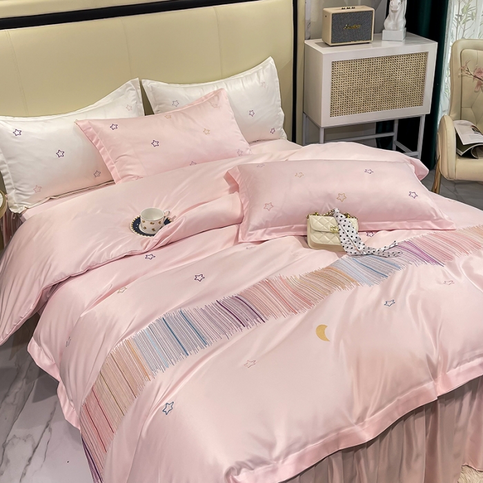 91家纺网 家纺一手货源 找家纺 艾米 2025新款春夏水洗真丝四件套-星月 粉玉