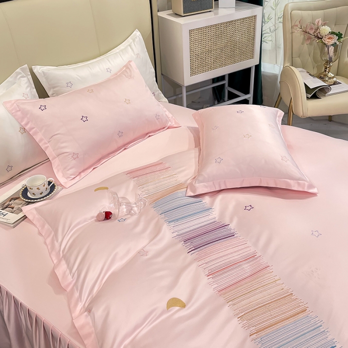 91家纺网 家纺一手货源 找家纺 艾米 2025新款春夏水洗真丝四件套-星月 粉玉