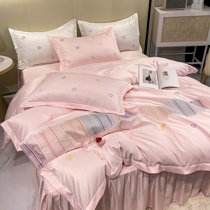 91家纺网 家纺一手货源 找家纺 艾米 2025新款春夏水洗真丝四件套-星月 粉玉