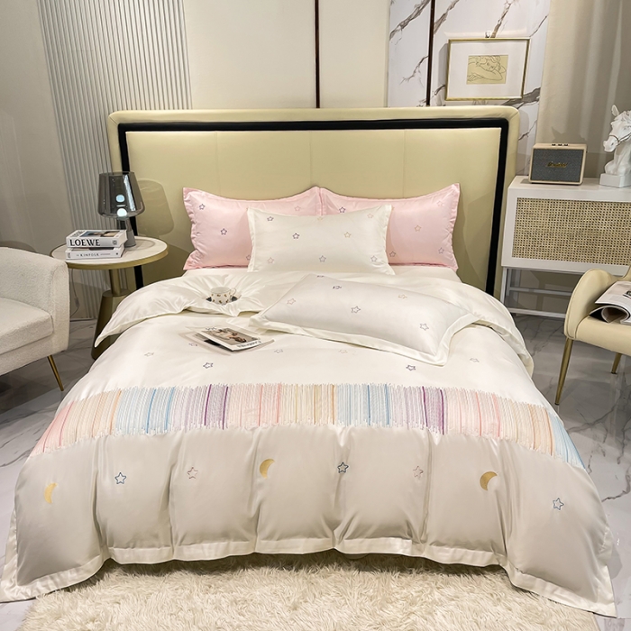 91家纺网 家纺一手货源 找家纺 艾米 2025新款春夏水洗真丝四件套-星月 奶白