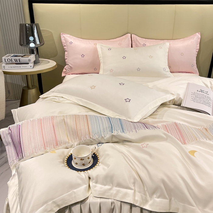 91家纺网 家纺一手货源 找家纺 艾米 2025新款春夏水洗真丝四件套-星月 奶白