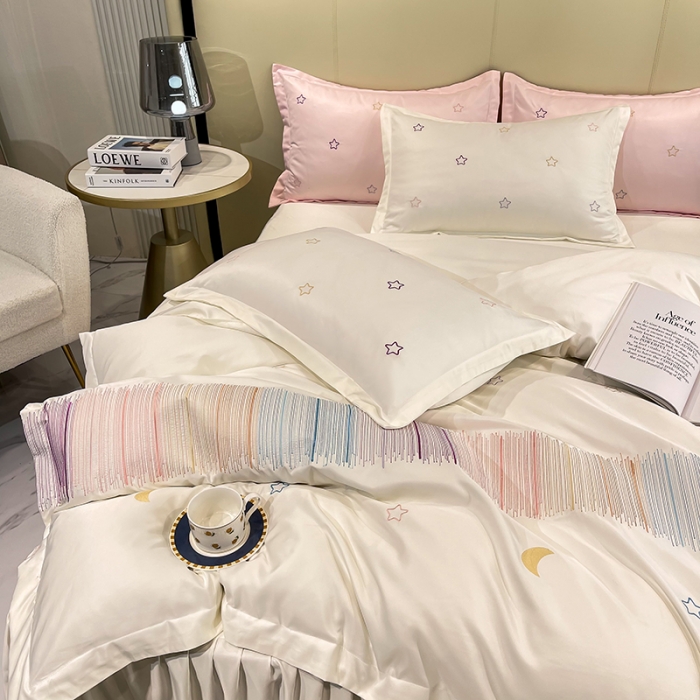 91家纺网 家纺一手货源 找家纺 艾米 2025新款春夏水洗真丝四件套-星月 奶白