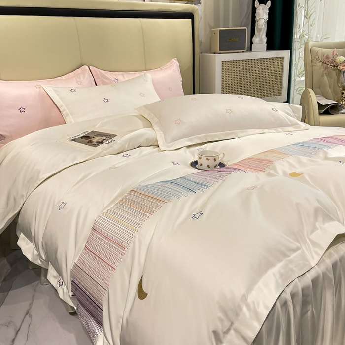 91家纺网 家纺一手货源 找家纺 艾米 2025新款春夏水洗真丝四件套-星月 奶白