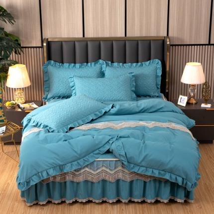 木兰花 2023超柔氧棉加厚磨毛韩版蕾丝夹棉床裙款四件套青蓝