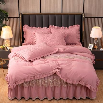 木兰花2023超柔氧棉加厚磨毛韩版蕾丝夹棉床裙款四件套胭脂粉