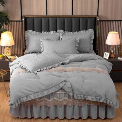 木兰花 2023超柔氧棉加厚磨毛韩版蕾丝夹棉床裙款四件套烟灰