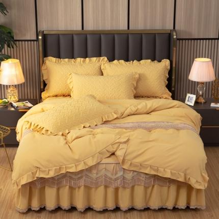 木兰花2023超柔氧棉加厚磨毛韩版蕾丝夹棉床裙款四件套月光黄