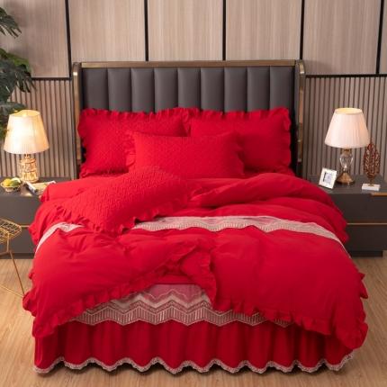 木兰花2023超柔氧棉加厚磨毛韩版蕾丝夹棉床裙款四件套中国红