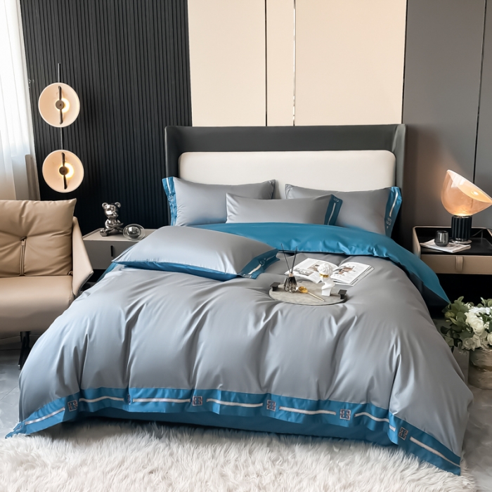 91家纺网 家纺一手货源 找家纺 瑞驰家纺 2022新款100S长绒棉绣花-爱德拉系列 摩登灰+深海蓝