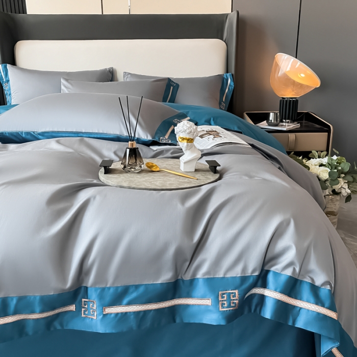 91家纺网 家纺一手货源 找家纺 瑞驰家纺 2022新款100S长绒棉绣花-爱德拉系列 摩登灰+深海蓝