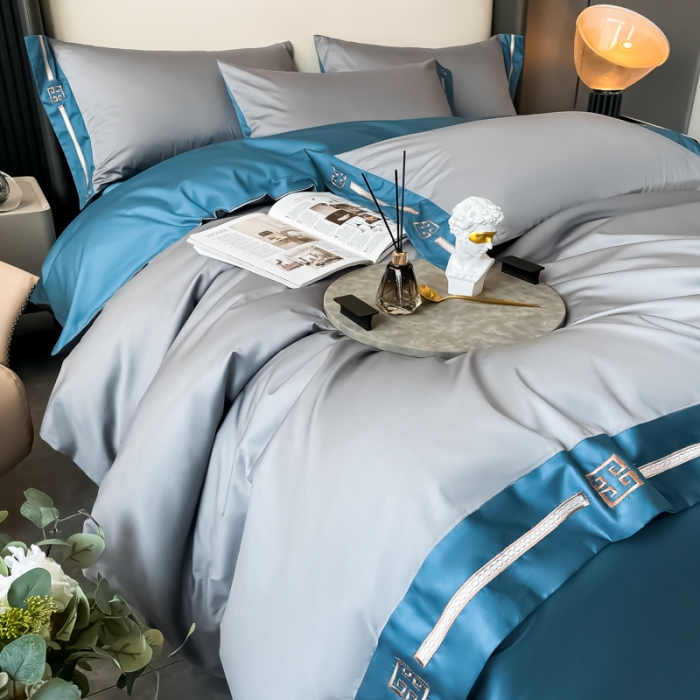 91家纺网 家纺一手货源 找家纺 瑞驰家纺 2022新款100S长绒棉绣花-爱德拉系列 摩登灰+深海蓝