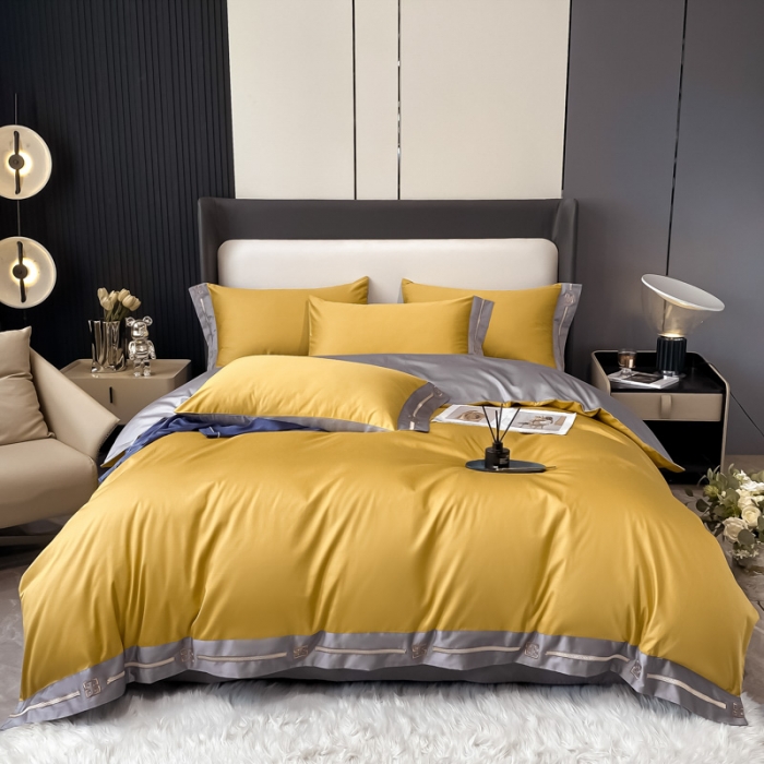 91家纺网 家纺一手货源 找家纺 瑞驰家纺 2022新款100S长绒棉绣花-爱德拉系列 柠檬黄+摩登灰