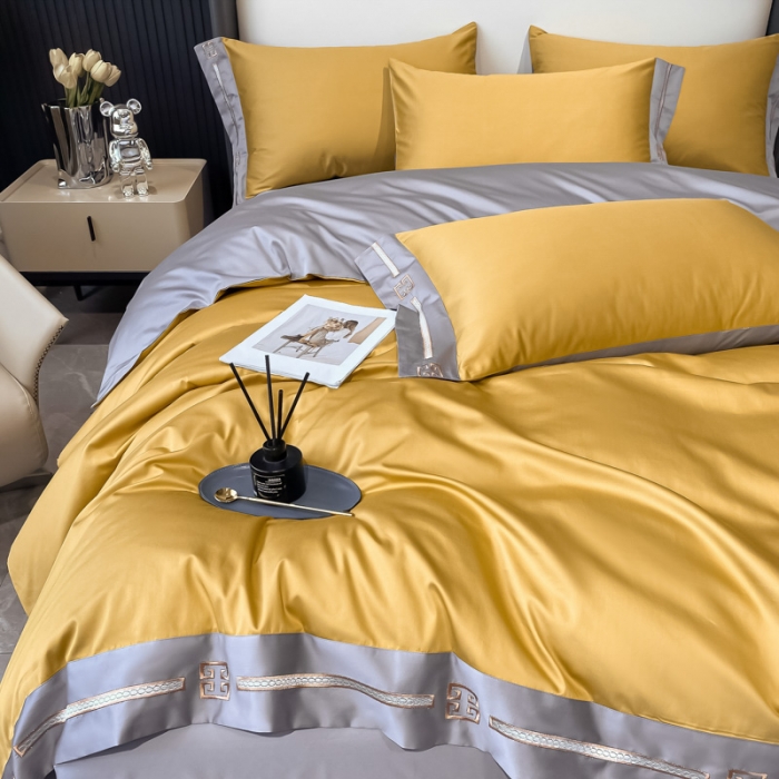 91家纺网 家纺一手货源 找家纺 瑞驰家纺 2022新款100S长绒棉绣花-爱德拉系列 柠檬黄+摩登灰