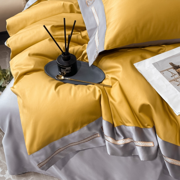 91家纺网 家纺一手货源 找家纺 瑞驰家纺 2022新款100S长绒棉绣花-爱德拉系列 柠檬黄+摩登灰