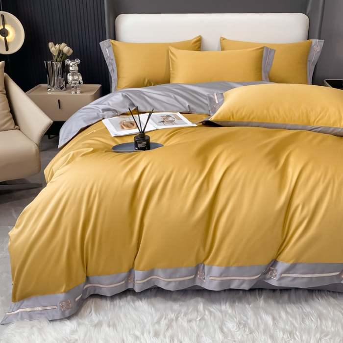 91家纺网 家纺一手货源 找家纺 瑞驰家纺 2022新款100S长绒棉绣花-爱德拉系列 柠檬黄+摩登灰