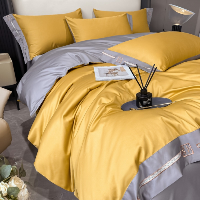 91家纺网 家纺一手货源 找家纺 瑞驰家纺 2022新款100S长绒棉绣花-爱德拉系列 柠檬黄+摩登灰