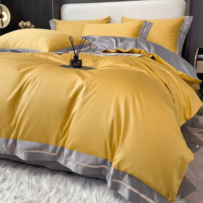 91家纺网 家纺一手货源 找家纺 瑞驰家纺 2022新款100S长绒棉绣花-爱德拉系列 柠檬黄+摩登灰