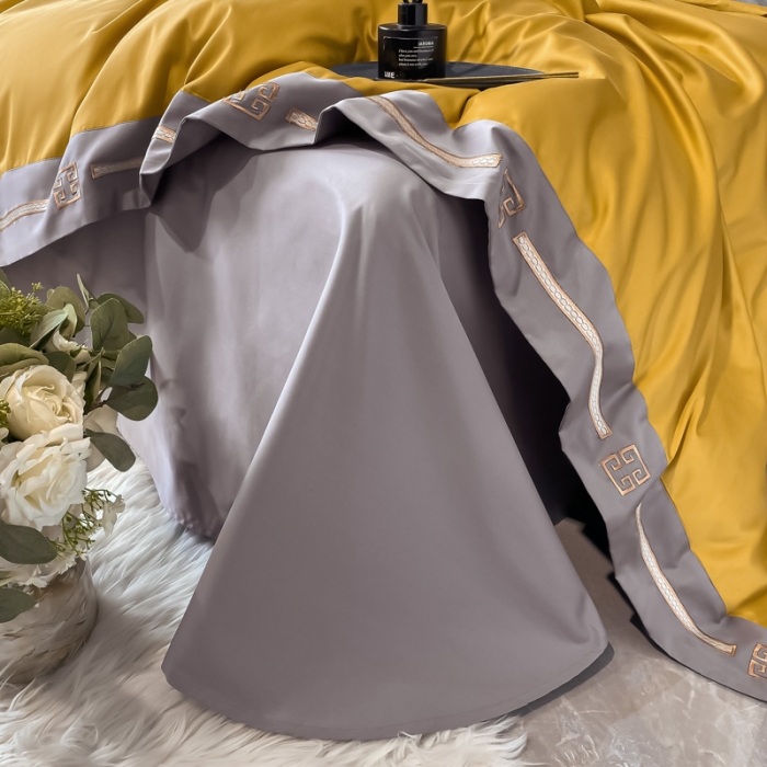 91家纺网 家纺一手货源 找家纺 瑞驰家纺 2022新款100S长绒棉绣花-爱德拉系列 柠檬黄+摩登灰