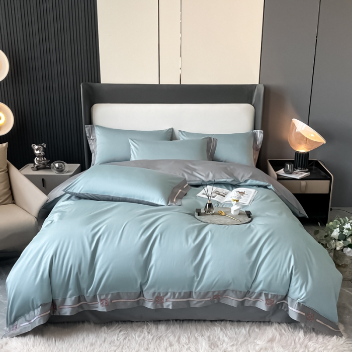 91家纺网 家纺一手货源 找家纺 瑞驰家纺 2022新款100S长绒棉绣花-爱德拉系列 清水绿+摩登灰