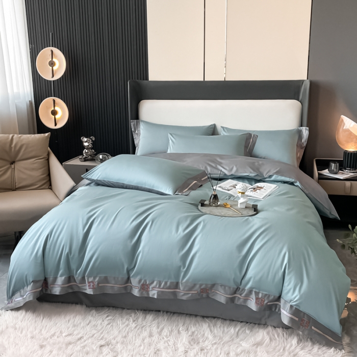 91家纺网 家纺一手货源 找家纺 瑞驰家纺 2022新款100S长绒棉绣花-爱德拉系列 清水绿+摩登灰