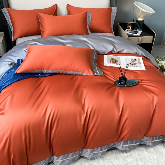 91家纺网 家纺一手货源 找家纺 瑞驰家纺 2022新款100S长绒棉绣花-爱德拉系列 时尚桔+摩登灰