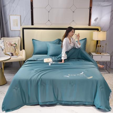 91家纺网 家纺一手货源 找家纺 塔塔 2025轻奢冰雪丝包边羽毛刺绣大豆夏被 包边款-冰月蓝