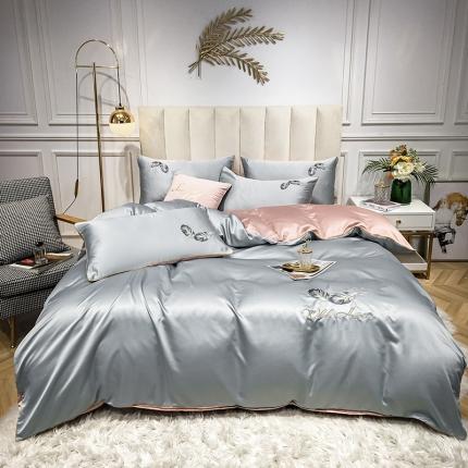 琪格格 2022新款水洗真丝刺绣四件套 A都市羽毛银灰