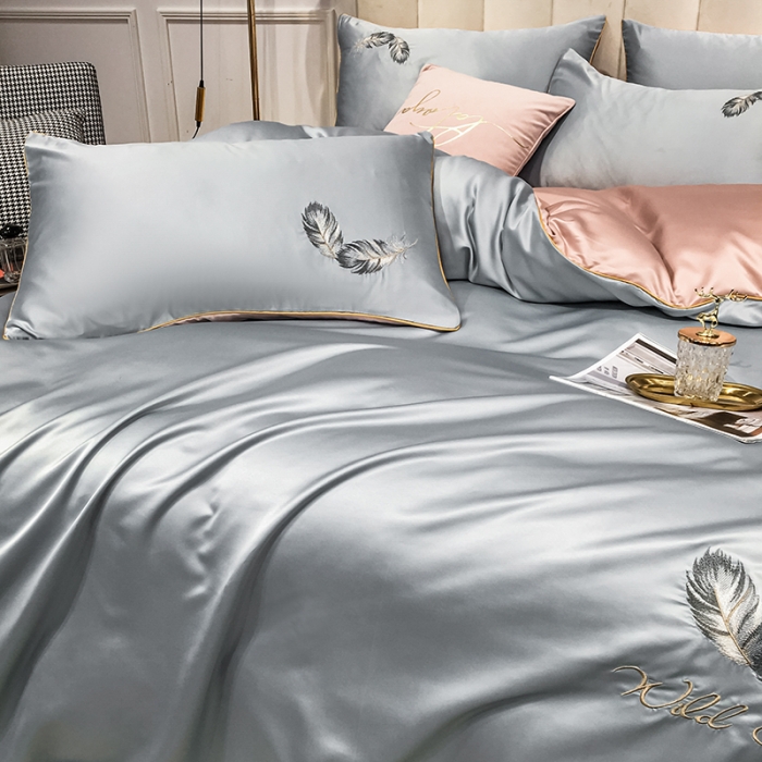 91家纺网 家纺一手货源 找家纺 琪格格 2022新款水洗真丝刺绣四件套 A都市羽毛银灰