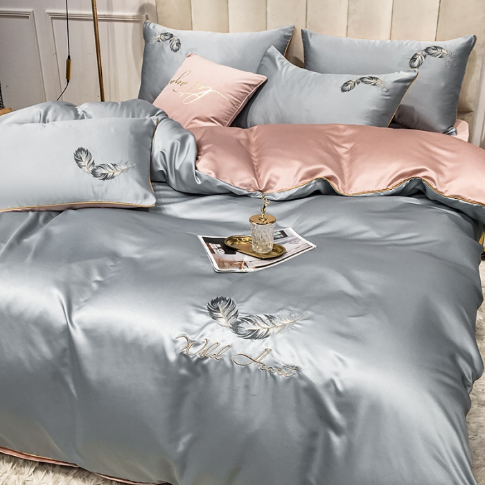 91家纺网 家纺一手货源 找家纺 琪格格 2022新款水洗真丝刺绣四件套 A都市羽毛银灰