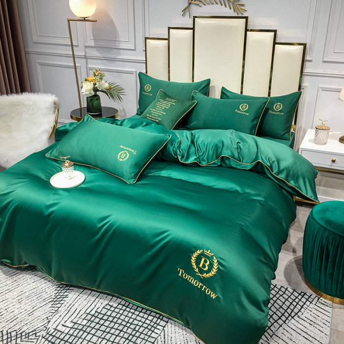 91家纺网 家纺一手货源 找家纺 琪格格 2022新款水洗真丝刺绣四件套 A新都市魅惑绿