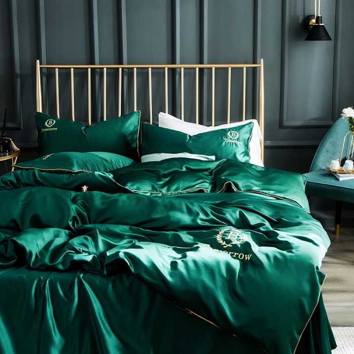 91家纺网 家纺一手货源 找家纺 琪格格 2022新款水洗真丝刺绣四件套 都市-魅惑绿