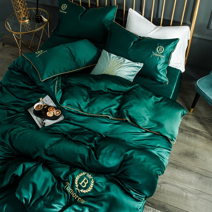 91家纺网 家纺一手货源 找家纺 琪格格 2022新款水洗真丝刺绣四件套 都市-魅惑绿