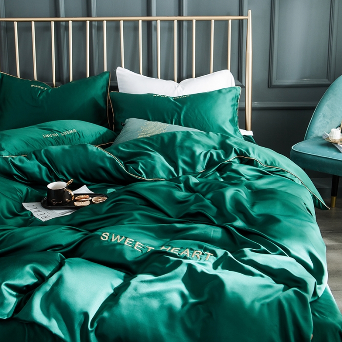 91家纺网 家纺一手货源 找家纺 琪格格 2022新款水洗真丝刺绣四件套 你好爱情-魅惑绿