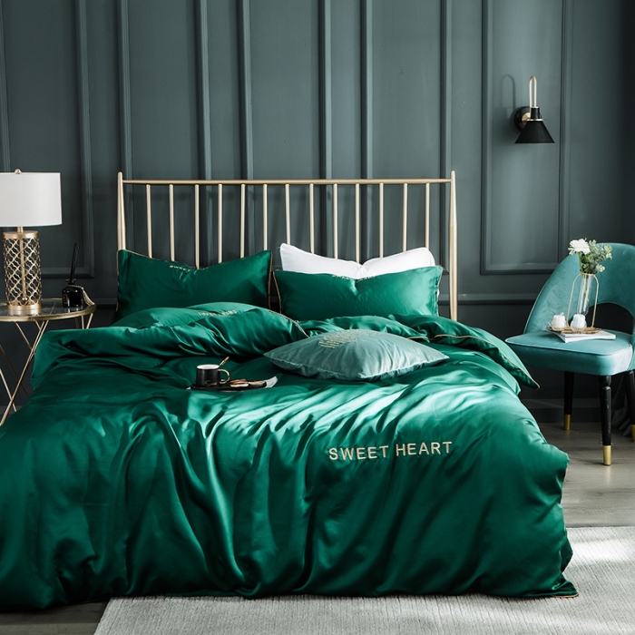 91家纺网 家纺一手货源 找家纺 琪格格 2022新款水洗真丝刺绣四件套 你好爱情-魅惑绿