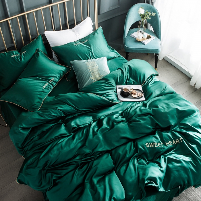 91家纺网 家纺一手货源 找家纺 琪格格 2022新款水洗真丝刺绣四件套 你好爱情-魅惑绿