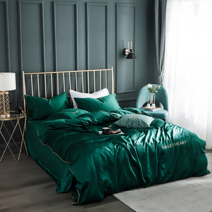 91家纺网 家纺一手货源 找家纺 琪格格 2022新款水洗真丝刺绣四件套 你好爱情-魅惑绿