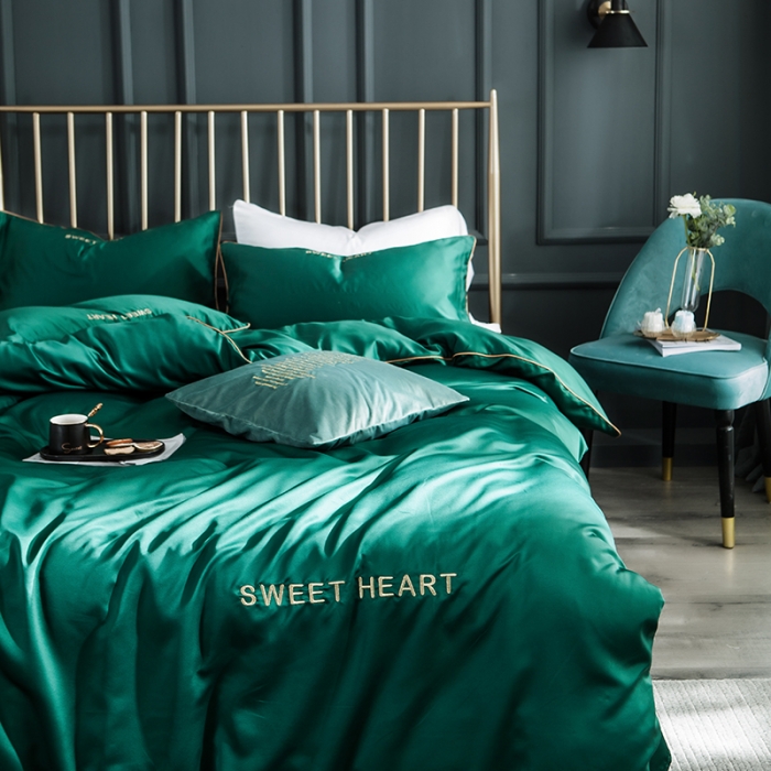 91家纺网 家纺一手货源 找家纺 琪格格 2022新款水洗真丝刺绣四件套 你好爱情-魅惑绿