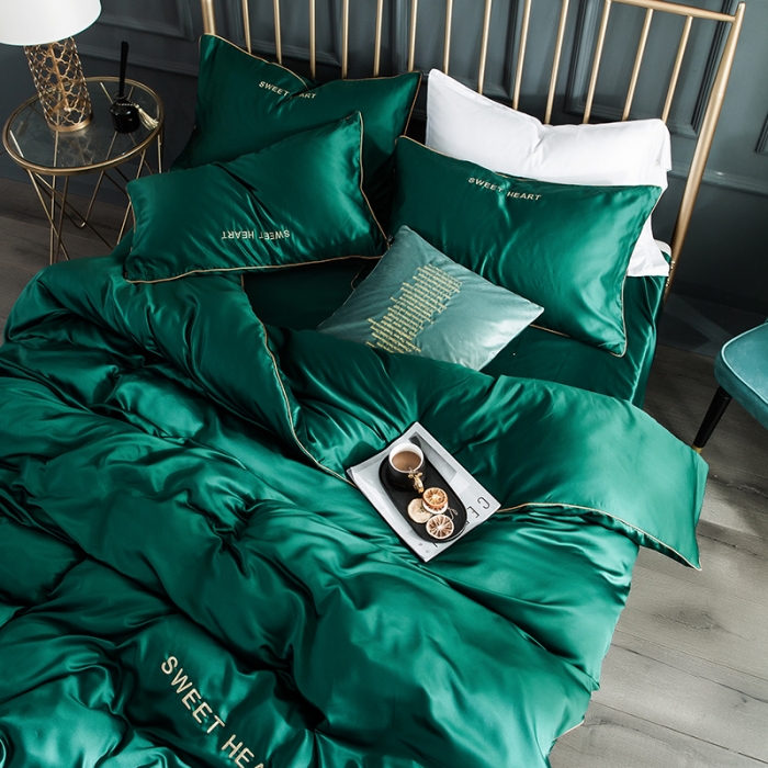 91家纺网 家纺一手货源 找家纺 琪格格 2022新款水洗真丝刺绣四件套 你好爱情-魅惑绿