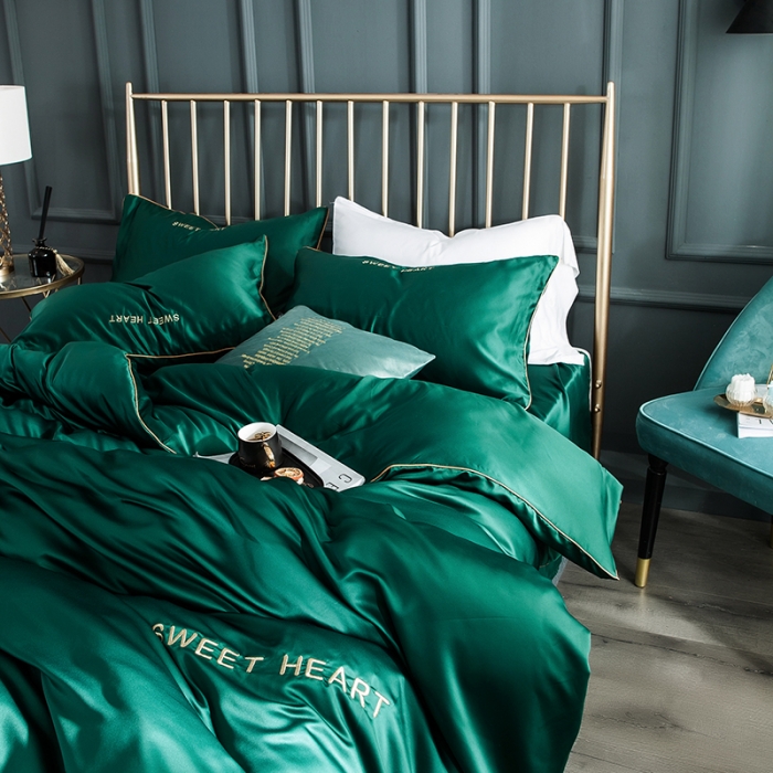 91家纺网 家纺一手货源 找家纺 琪格格 2022新款水洗真丝刺绣四件套 你好爱情-魅惑绿